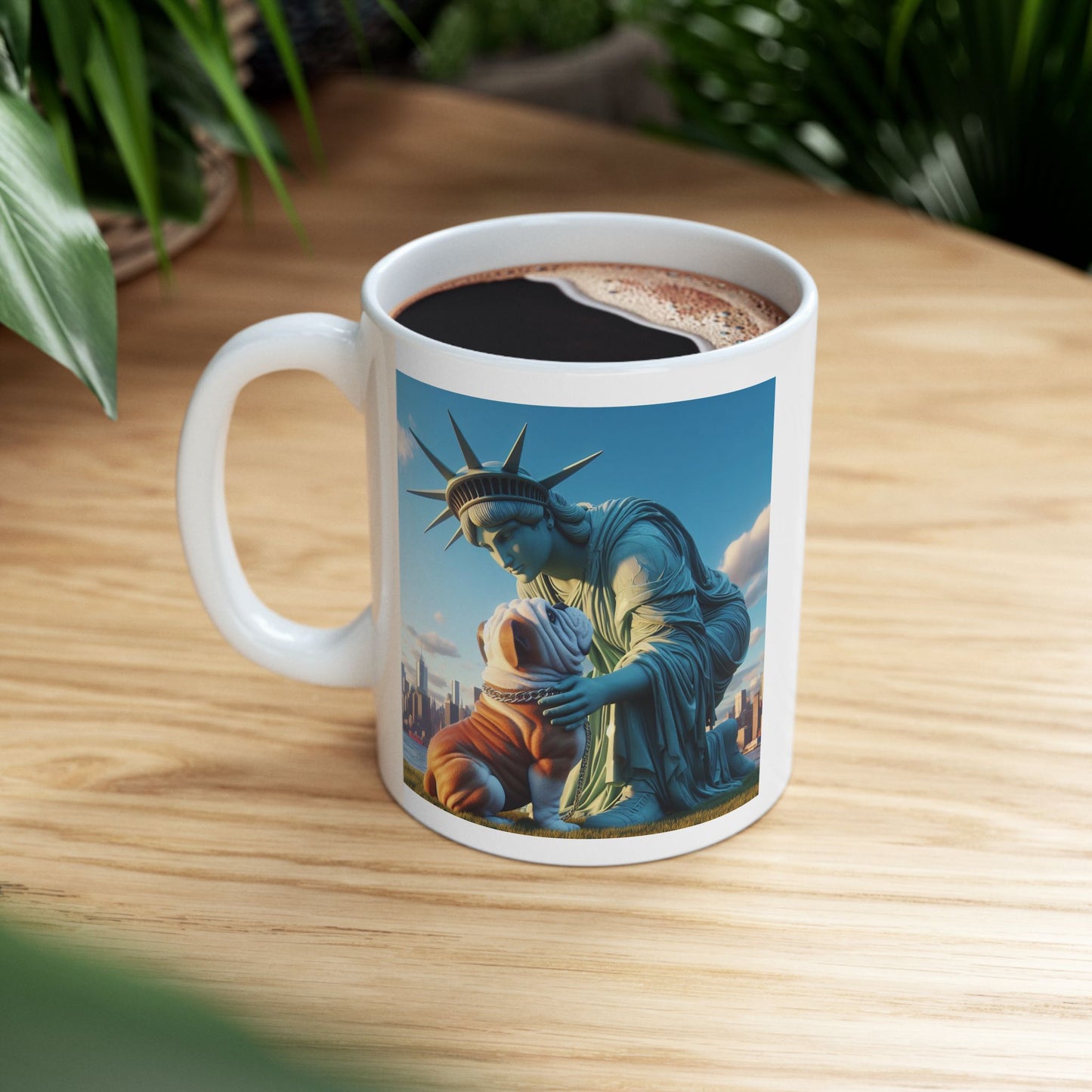 Bulldog with Statue of Liberty Mug - "Dog Mother Coffee Lover"